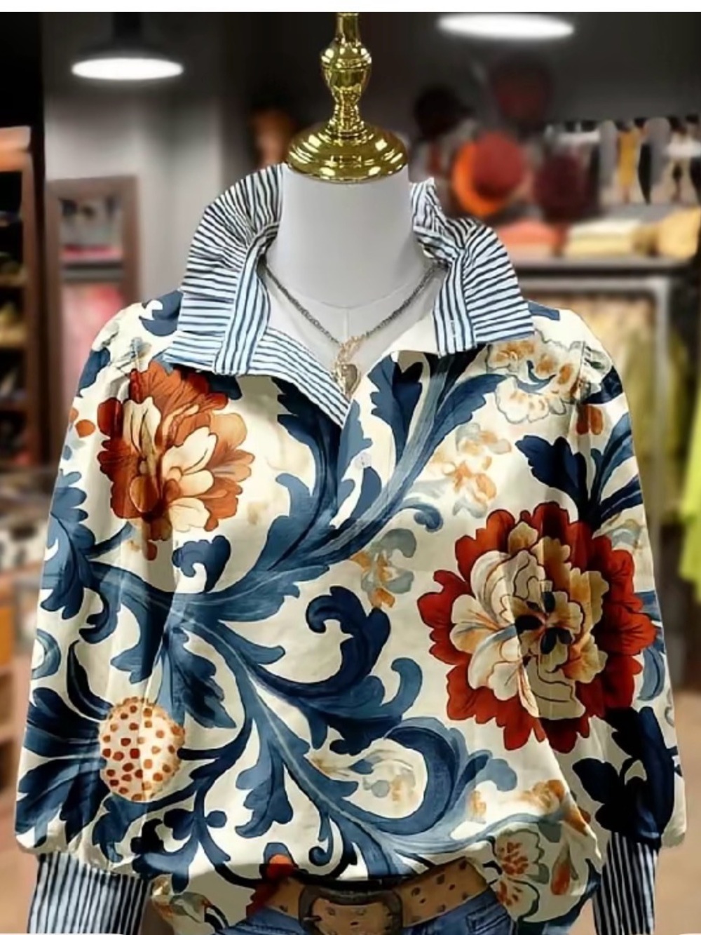 CherryBetty Vintage Floral Print Striped Collar Top